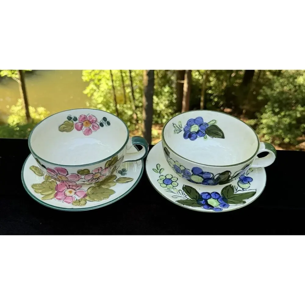 2 ITALIAN HAND-PAINTED FAIENCE SOUP BOWLS & SAUCERS EUC -A87